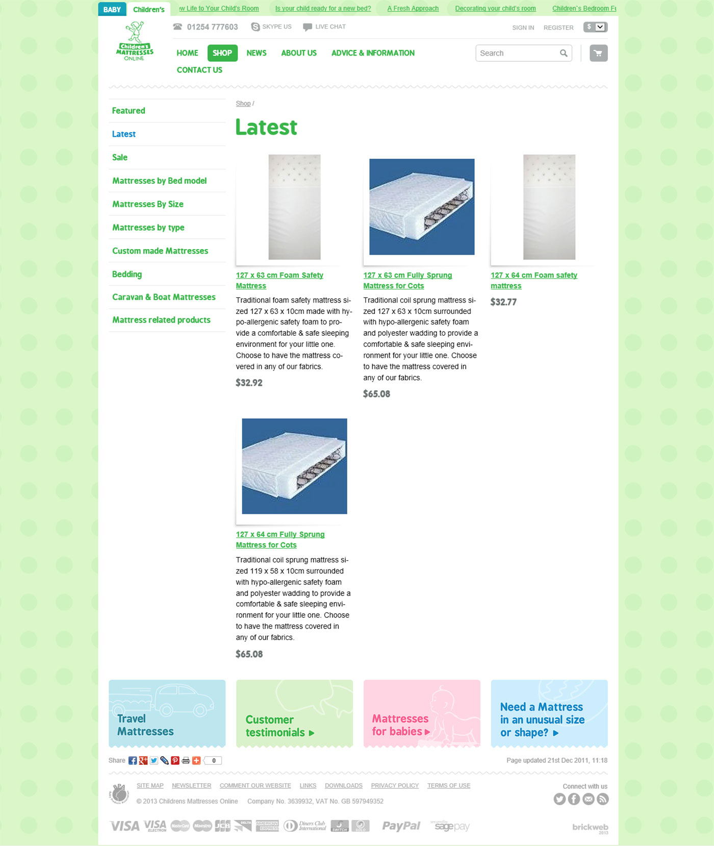 Childrens Mattresses Products page