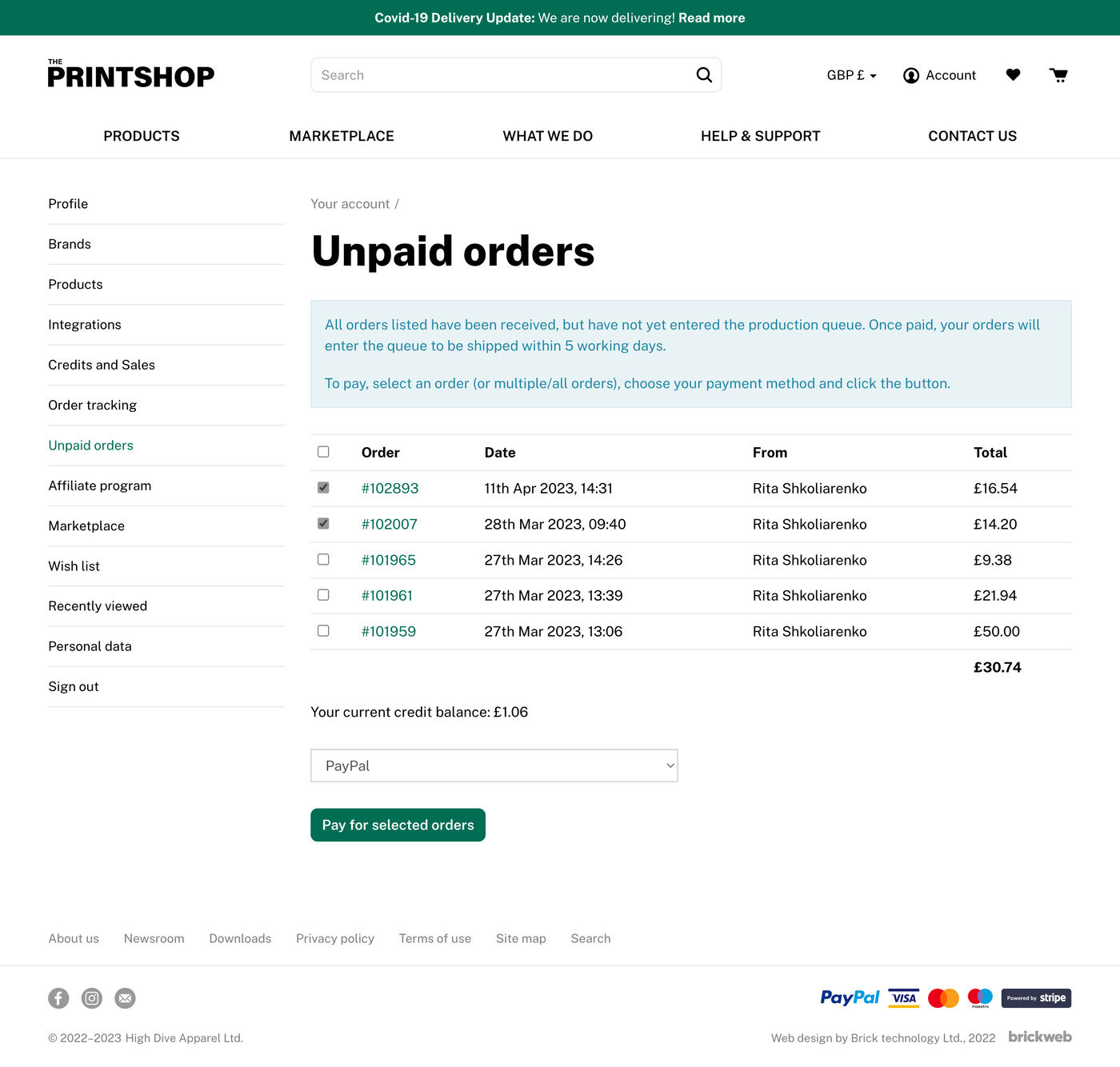 The Print Shop Unpaid orders